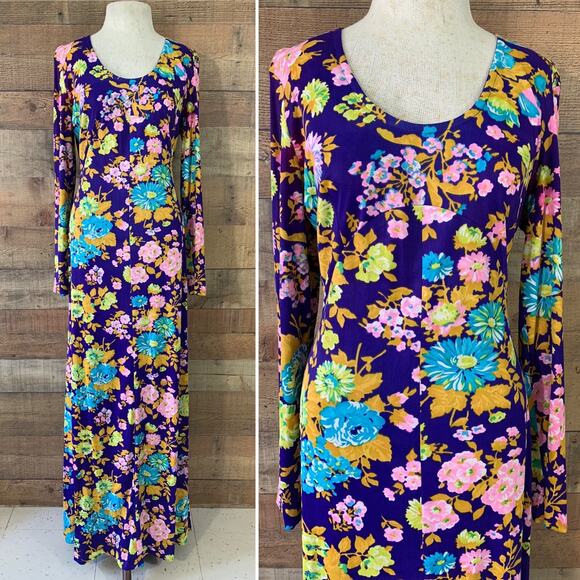 Vintage 1960s 1970s Psychedelic Boho Mod Floral Maxi Dress Tie Waist Size S/M - Picture 1 of 9
